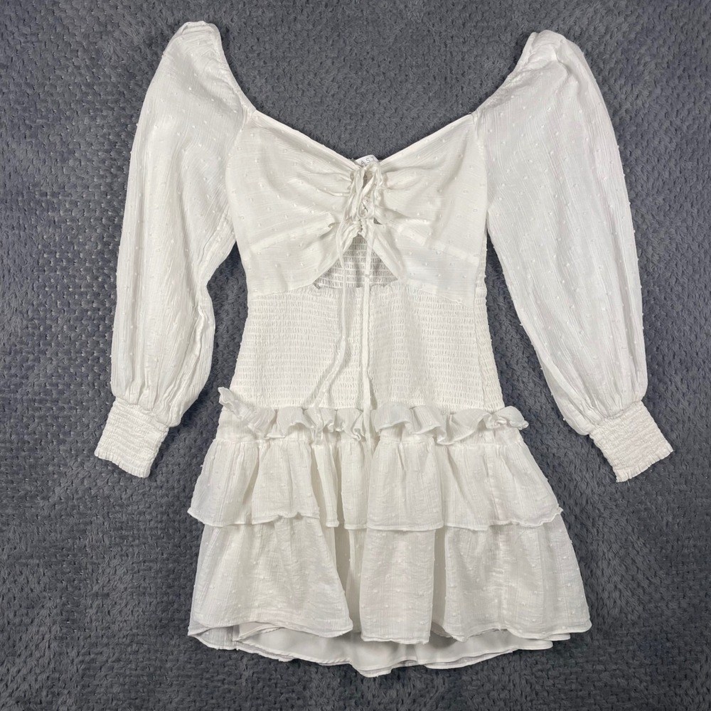 ASTR The Label Marietta Dress Size L White Swiss Dot Smocked Tiered Ruffle Mini - Picture 5 of 9